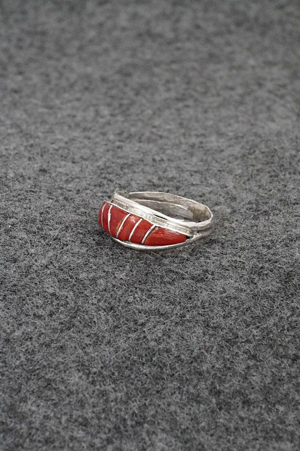 Coral & Sterling Silver Inlay Ring - Ola Eriacho - Size 5.5