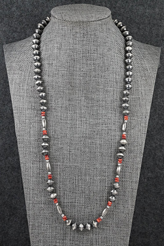 Spiny Oyster & Sterling Silver Navajo Pearl Necklace 24" - Vintage