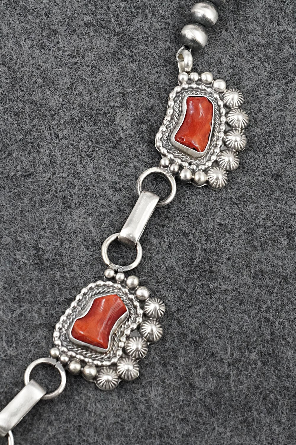 Turquoise, Coral & Sterling Silver Necklace and Earrings Set - Tom Lewis