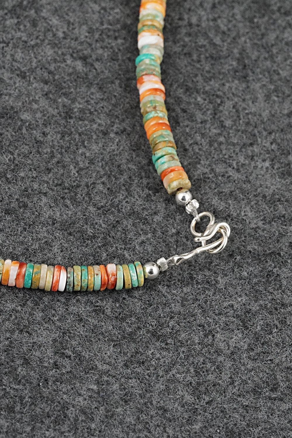 Turquoise, Spiny Oyster & Sterling Silver Necklace 17" - Doreen Jake