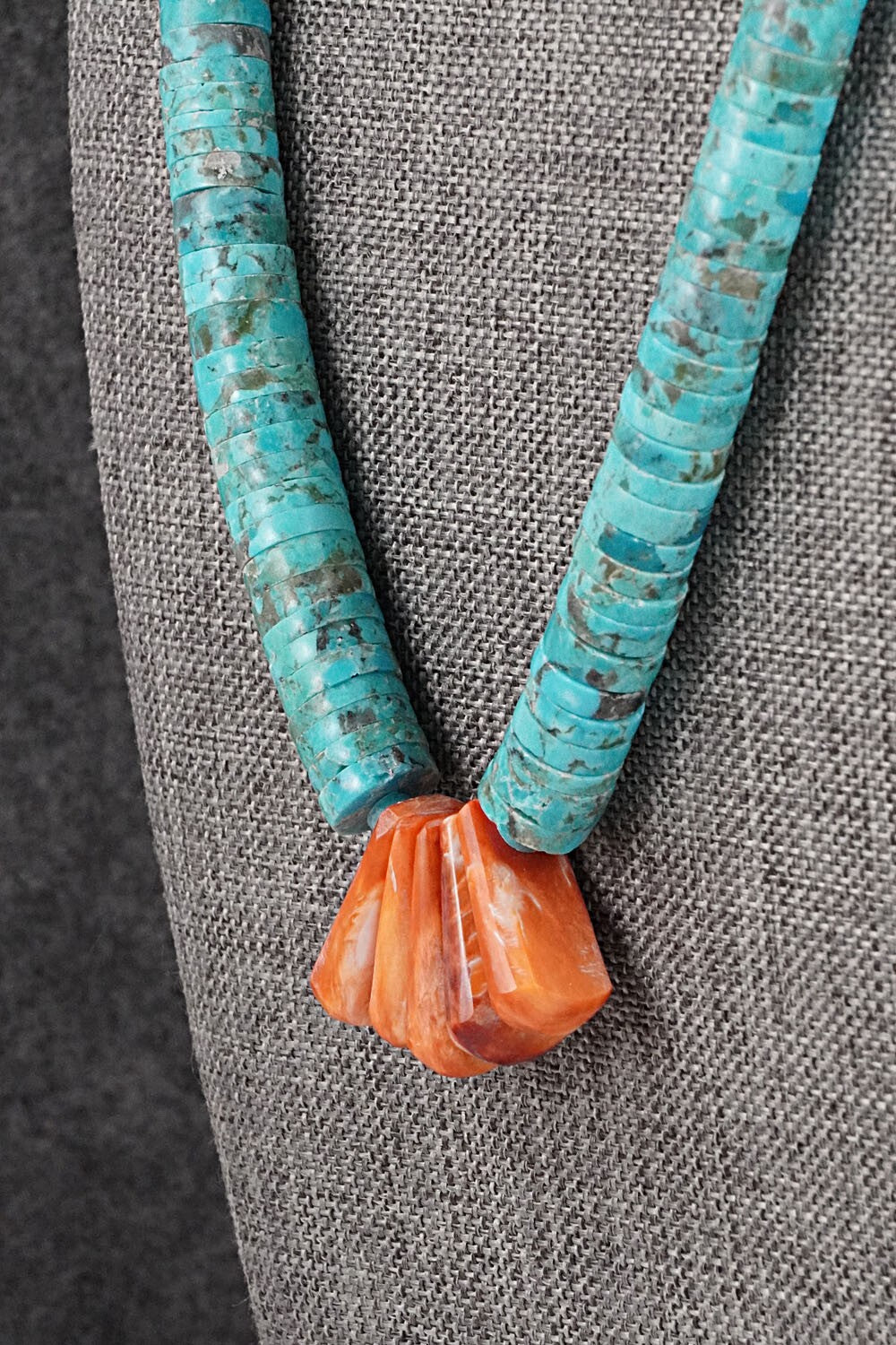 Turquoise, Spiny Oyster & Sterling Silver Necklace - Lupe Lovato