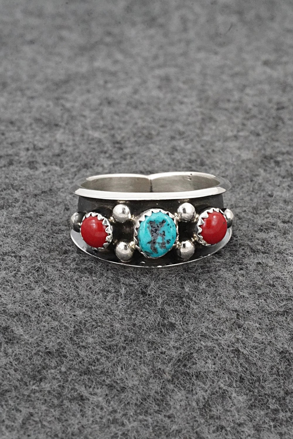 Turquoise, Coral & Sterling Silver Ring - Paul Largo - Size 10