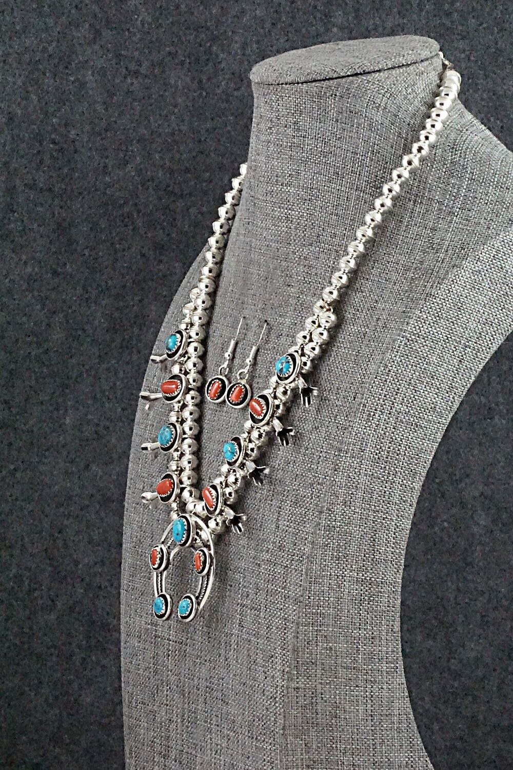 Turquoise, Coral & Sterling Silver Mini Squash Blossom Set - Phil Garcia