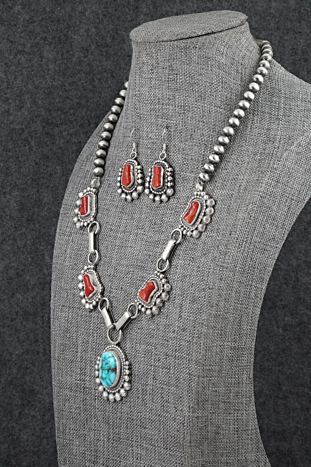 Turquoise, Coral & Sterling Silver Necklace and Earrings Set - Tom Lewis