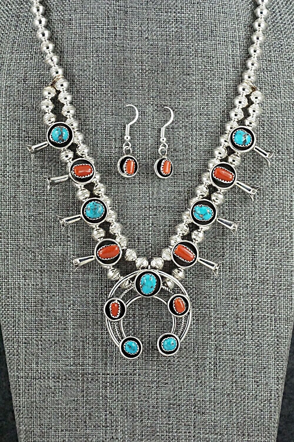 Turquoise, Coral & Sterling Silver Mini Squash Blossom Set - Phil Garcia