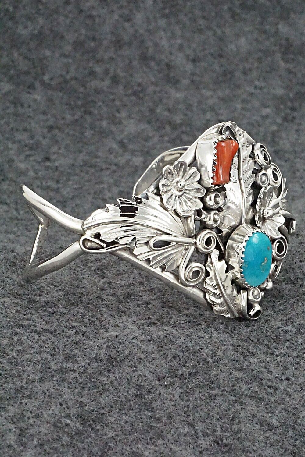Turquoise, Coral & Sterling Silver Bracelet - Harry B. Yazzie