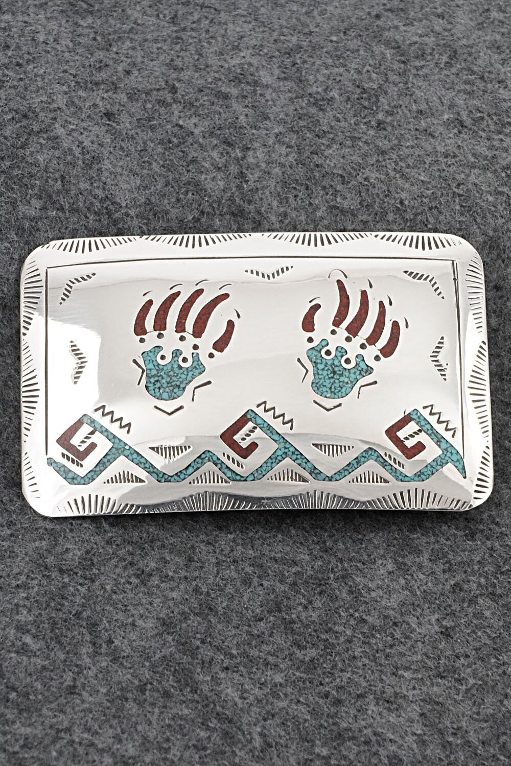 Turquoise, Coral Chip Inlay & Sterling Silver Belt Buckle - Raymond Begay
