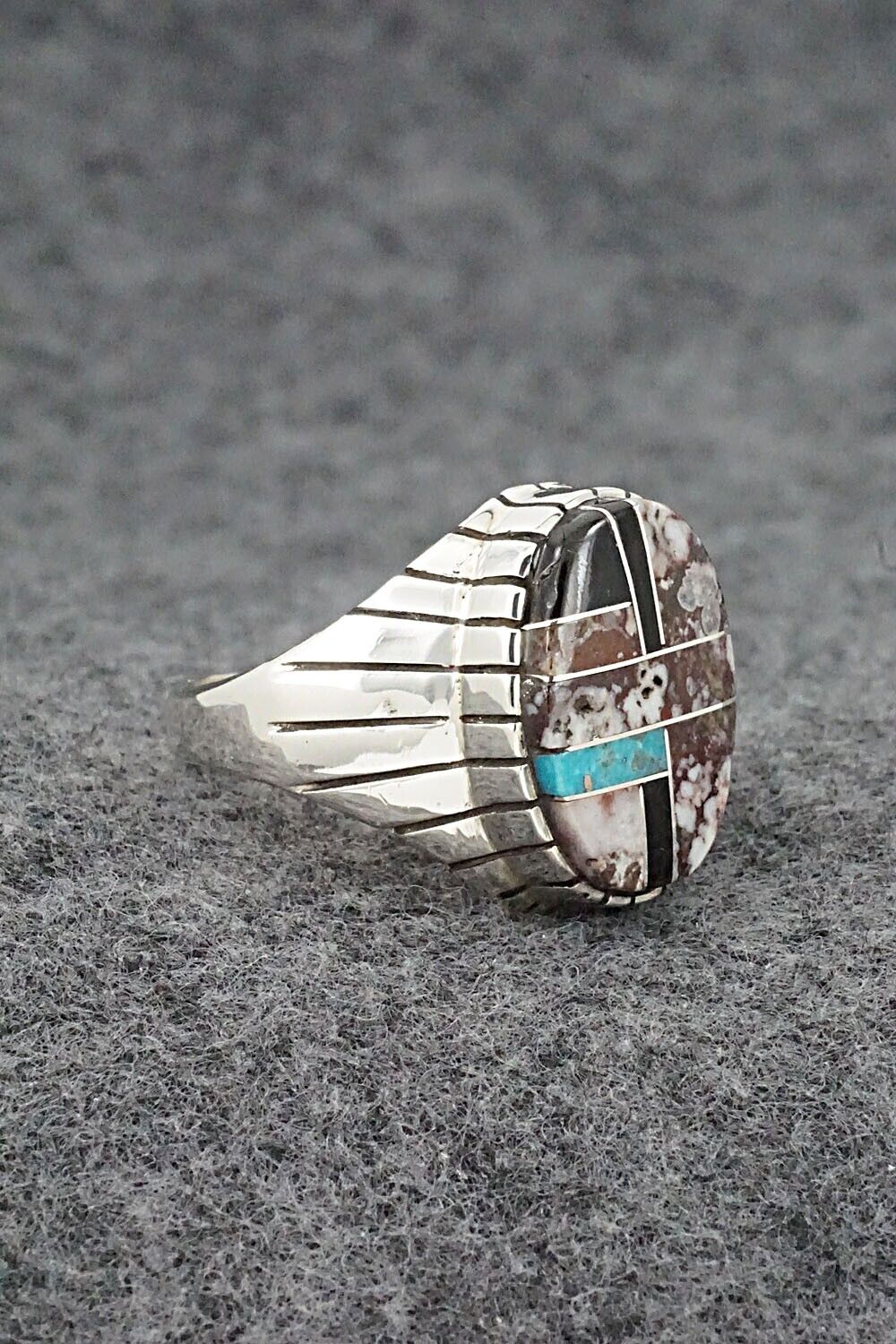 Wild Horse, Turquoise, Onyx & Sterling Silver Ring - Trevor Jack - Size 10.5