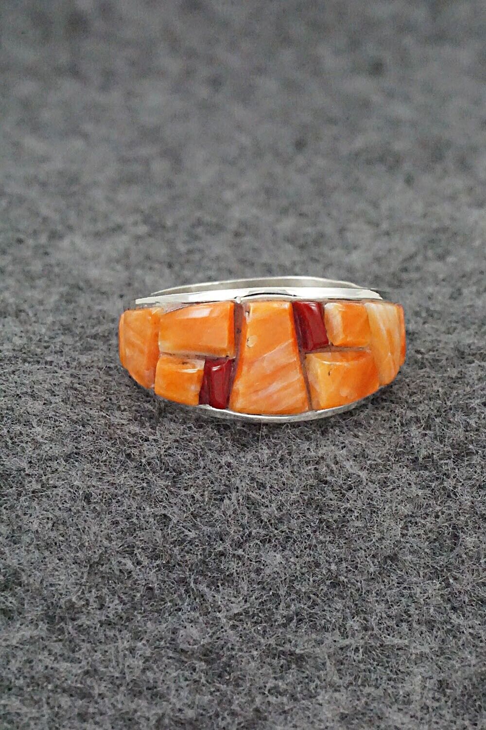 Spiny Oyster & Sterling Silver Ring - Edison Yazzie - Size 10
