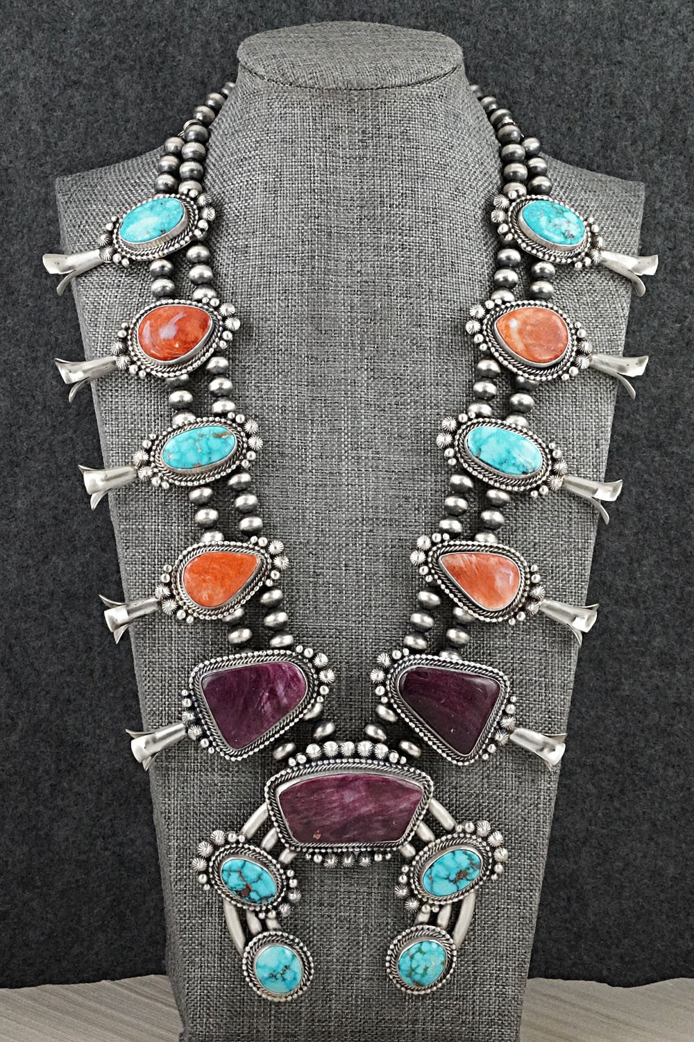 Turquoise, Spiny Oyster & Sterling Silver Squash Blossom Necklace - Tom Lewis