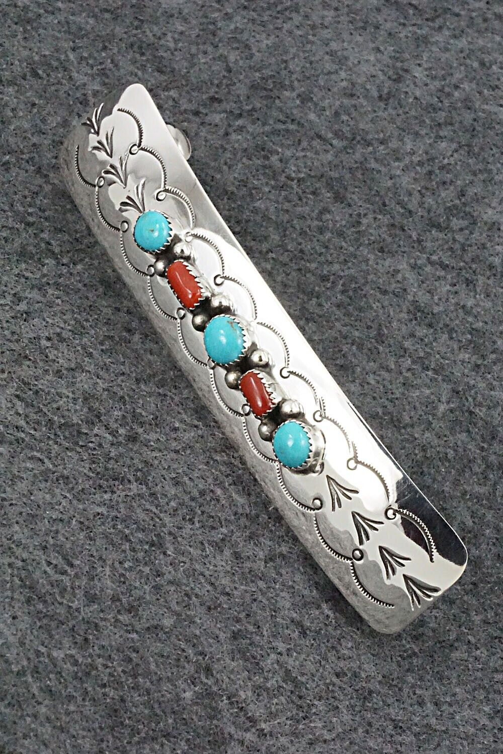 Turquoise, Coral & Sterling Silver Hair Barrette - Jolene Begay