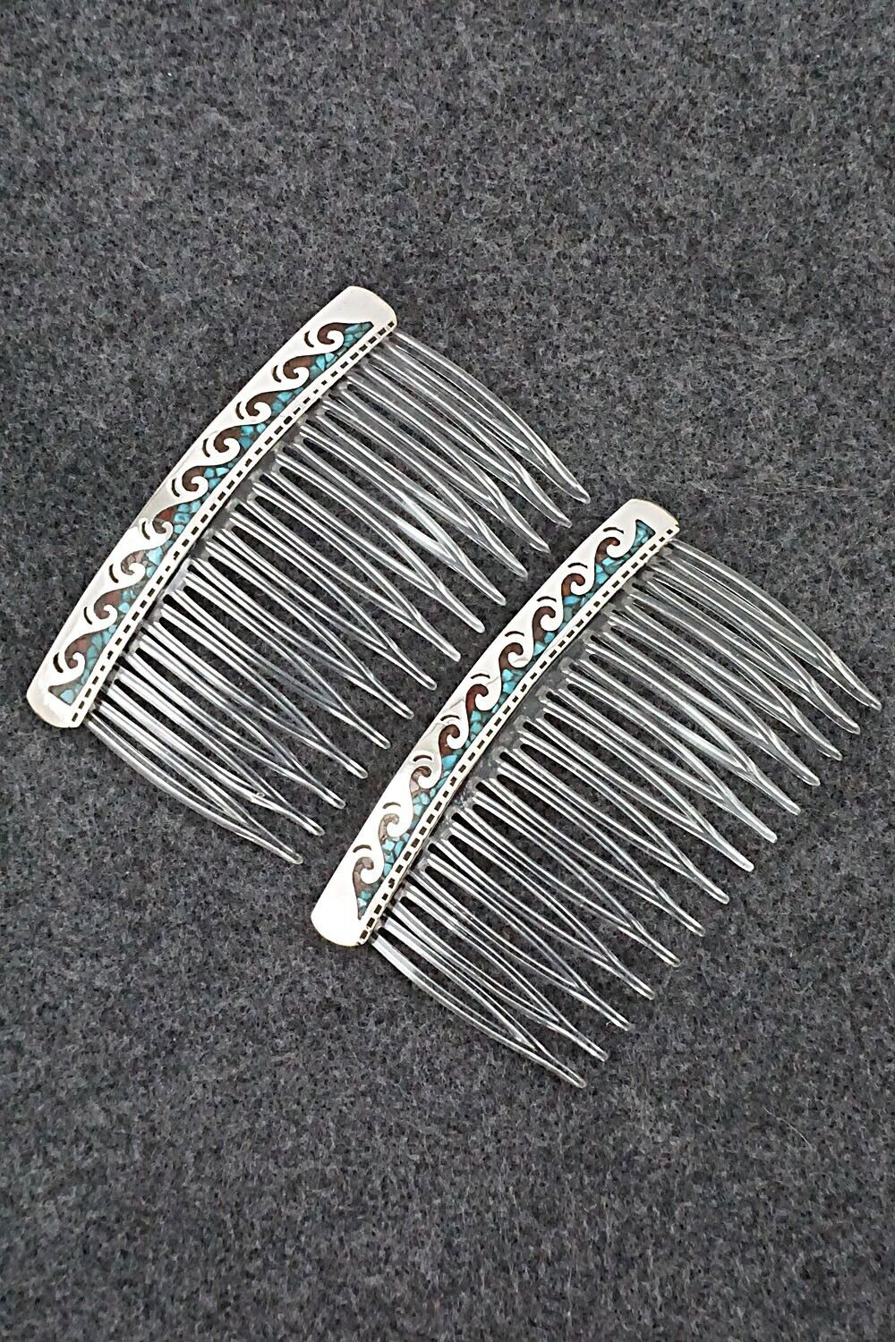 Turquoise, Coral & Sterling Silver Hair Combs - Jolene Yazzie