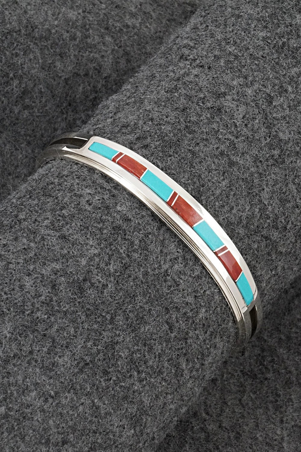 Turquoise, Coral Inlay & Sterling Silver Bracelet - Wilbert Muskett