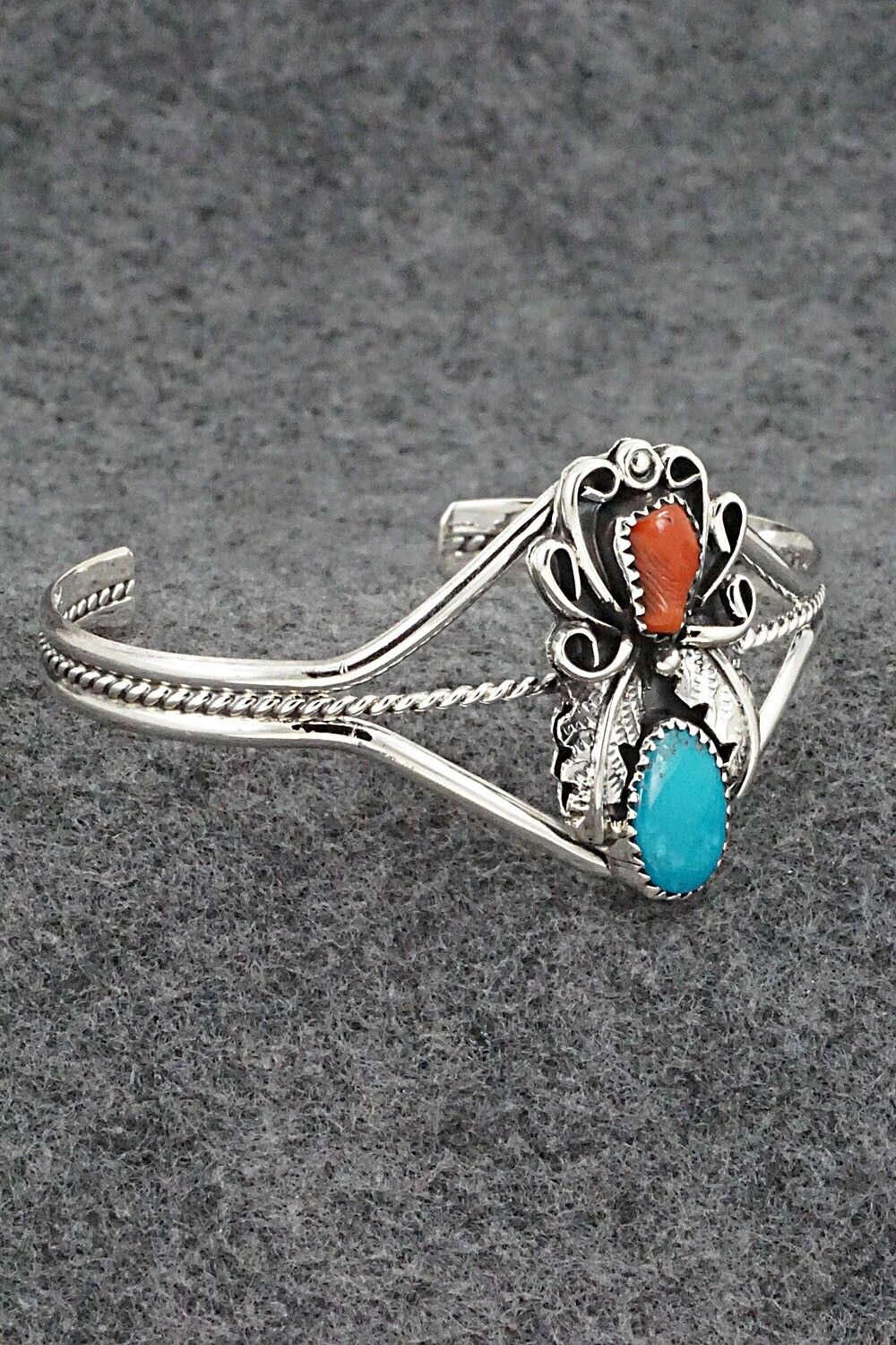 Turquoise, Coral & Sterling Silver Bracelet - Harry B. Yazzie