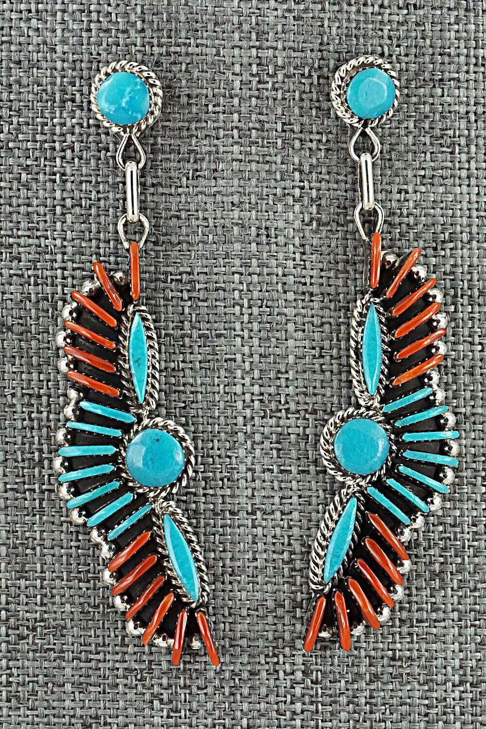 Turquoise, Coral & Sterling Silver Earrings - Edmund Cooeyate