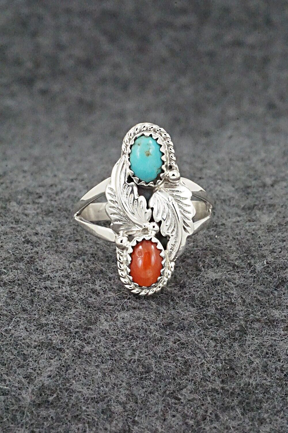 Turquoise, Coral & Sterling Silver Ring - Robert Martinez - Size 7.75