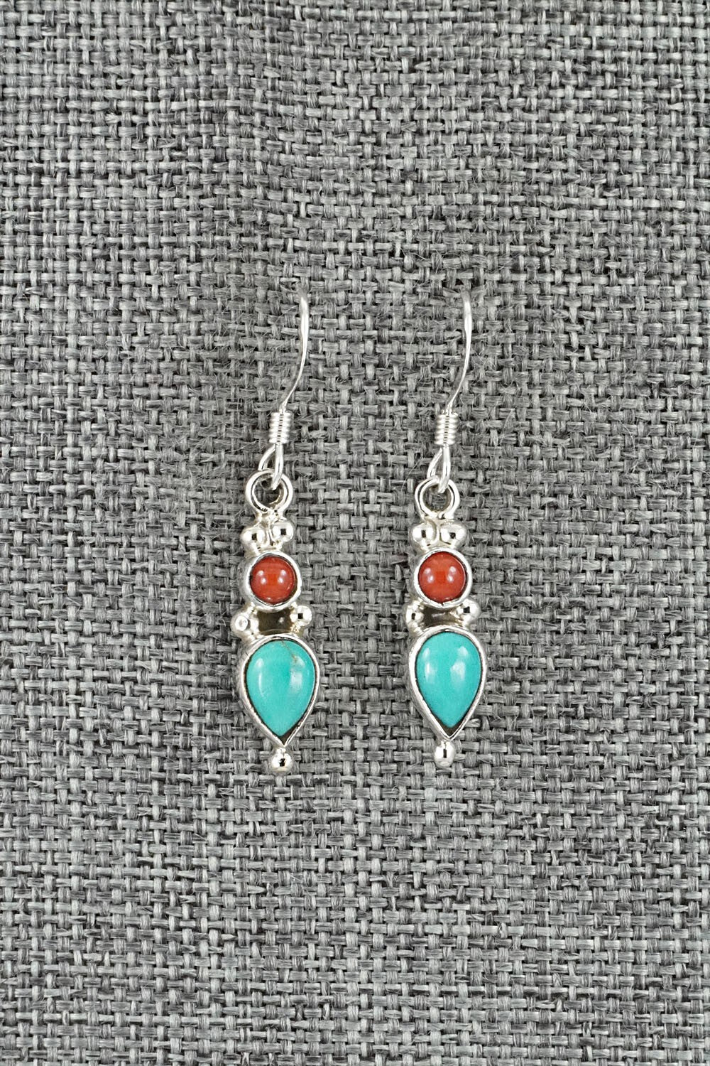 Turquoise, Coral & Sterling Silver Earrings - Gary Shorty