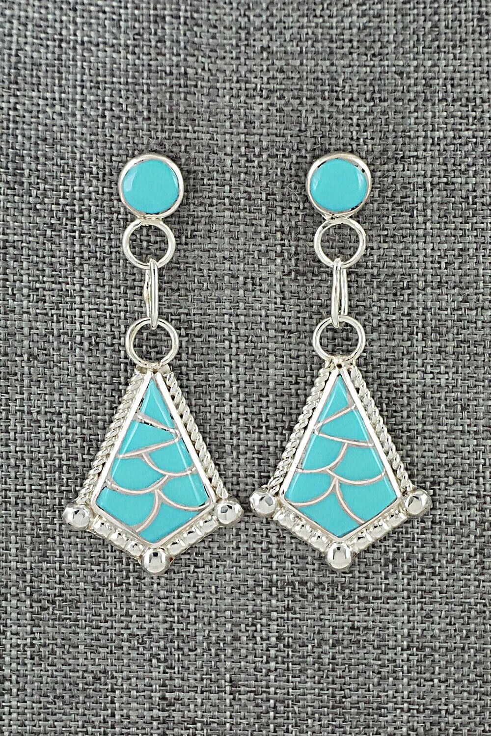 Native American Zuni Inlay Sterling Silver Dangle top Post Earrings Zuni Inlay Drop Earrings