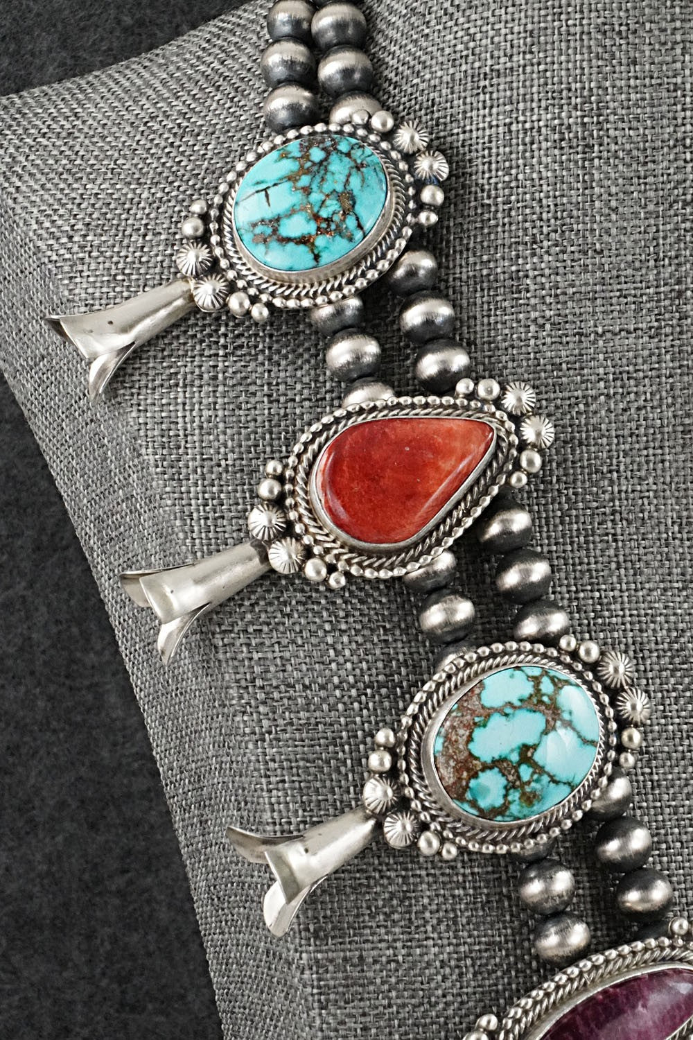 Turquoise, Spiny Oyster & Sterling Silver Squash Blossom Necklace - Tom Lewis