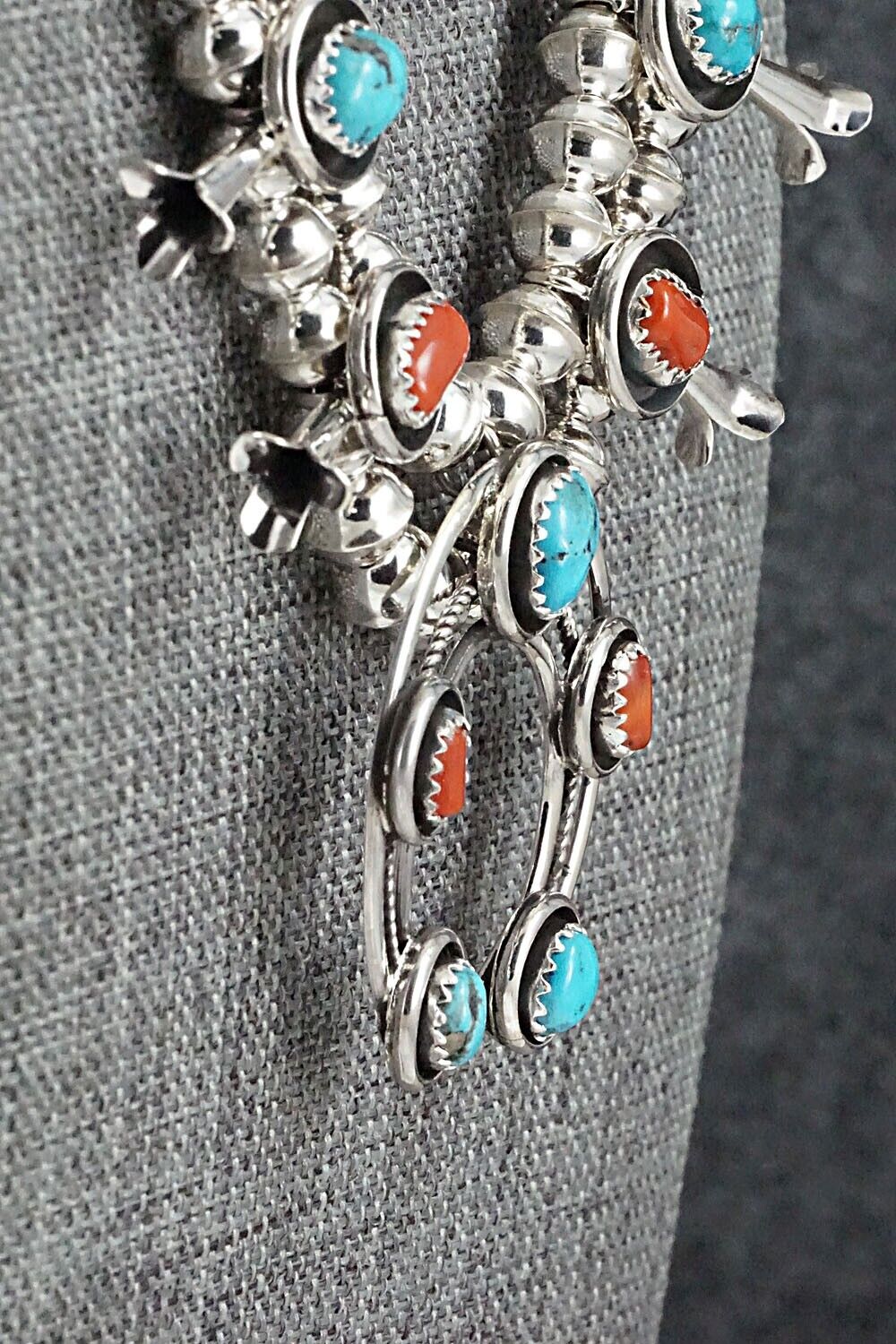 Turquoise, Coral & Sterling Silver Mini Squash Blossom Set - Phil Garcia