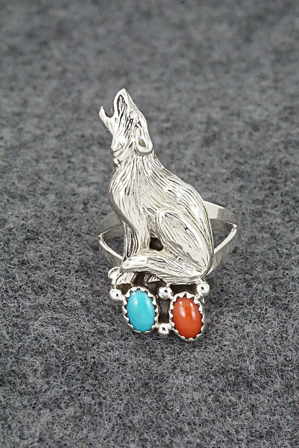 Turquoise, Coral & Sterling Silver Ring - Jerryson Henio - Size 7.5