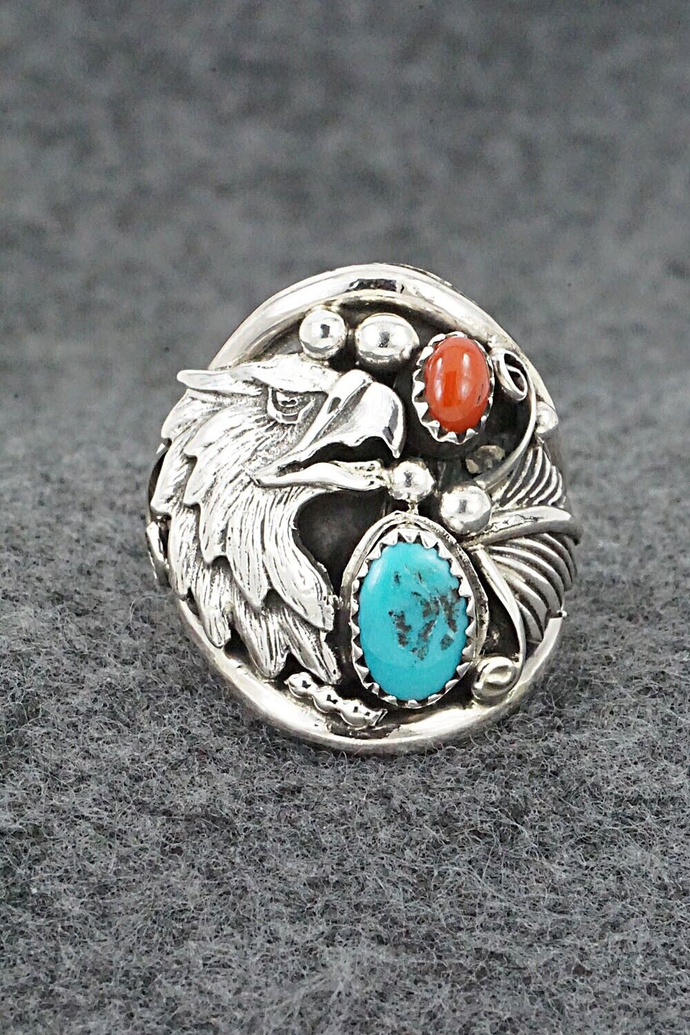 Turquoise, Coral & Sterling Silver Ring - Jeannette Saunders - Size 9.5