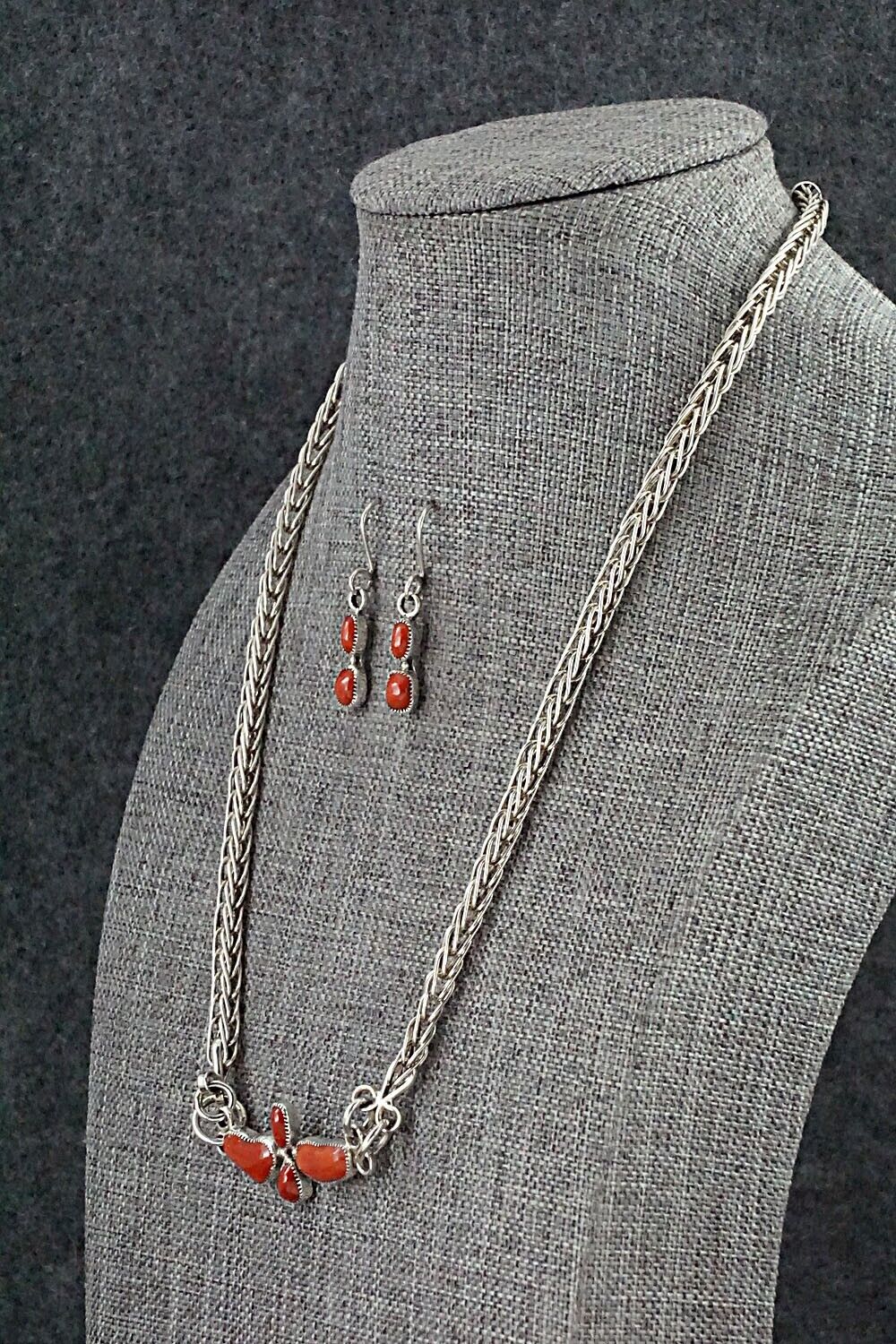 Coral & Sterling Silver Necklace and Earrings Set - Smokey Gchachu