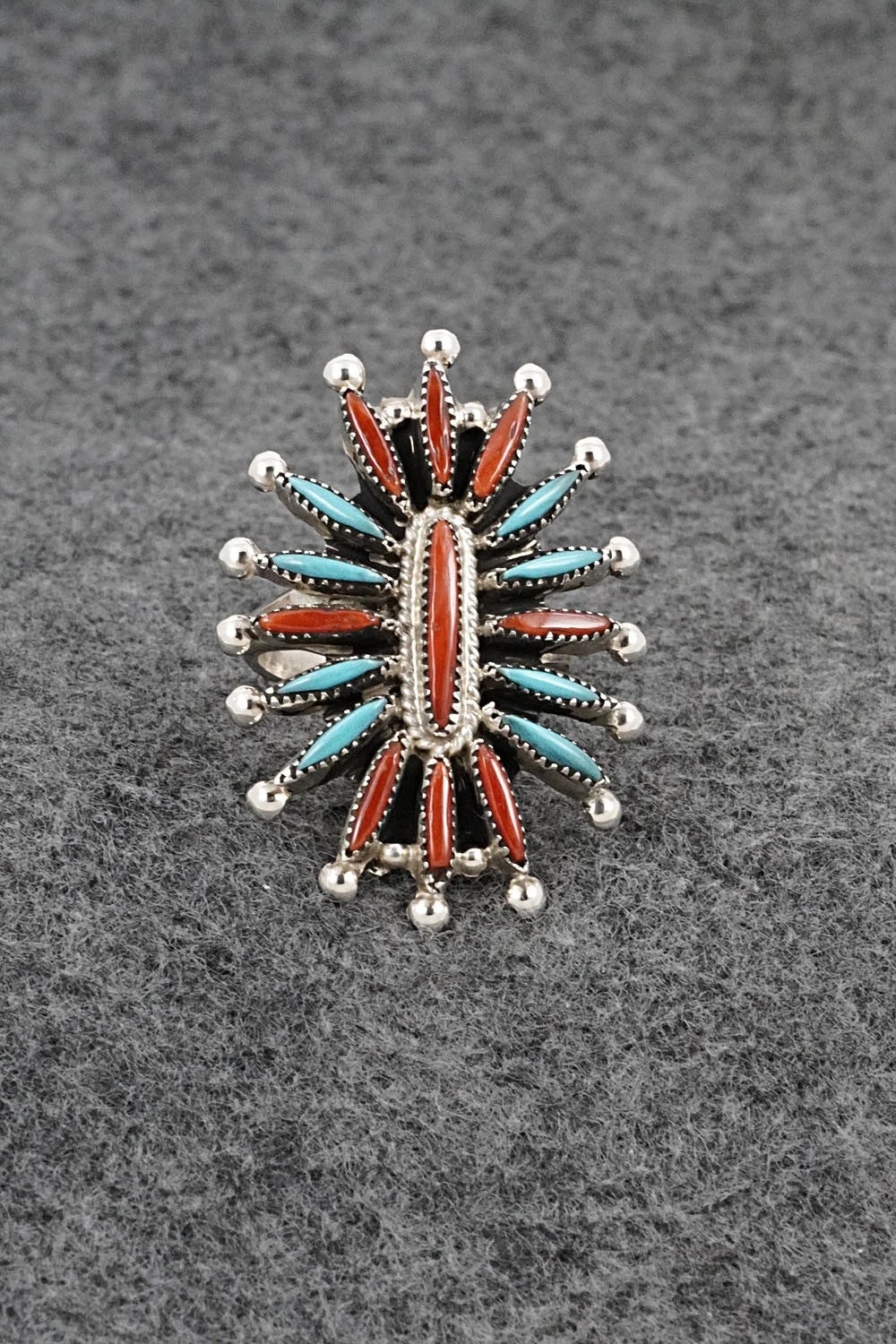 Turquoise, Coral & Sterling Silver Ring - Jack Etsate - Size 8.5