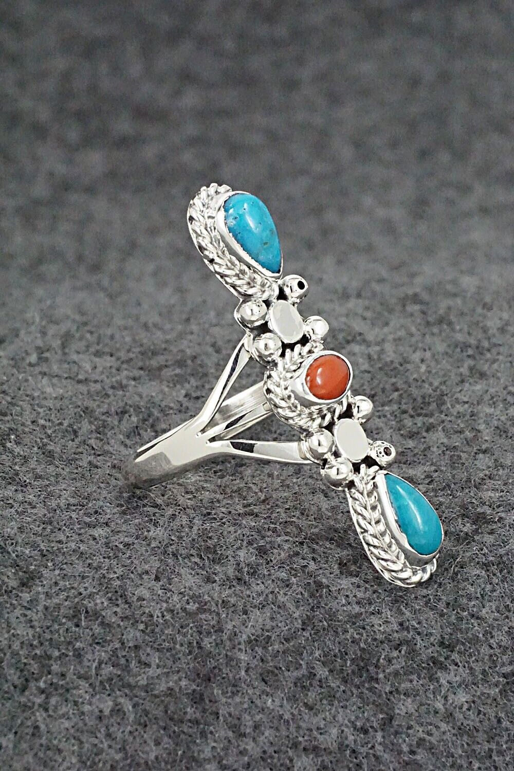 Turquoise, Coral & Sterling Silver Ring - Andrew Vandever - Size 9