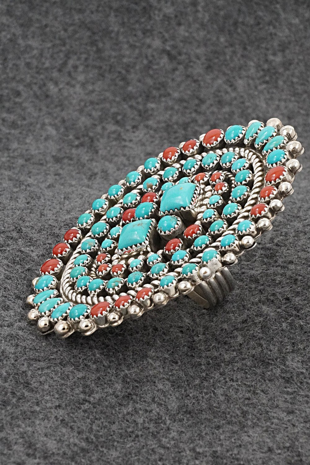 Turquoise, Coral and Sterling Silver Ring - Tina Jones - Size 8 Adj.