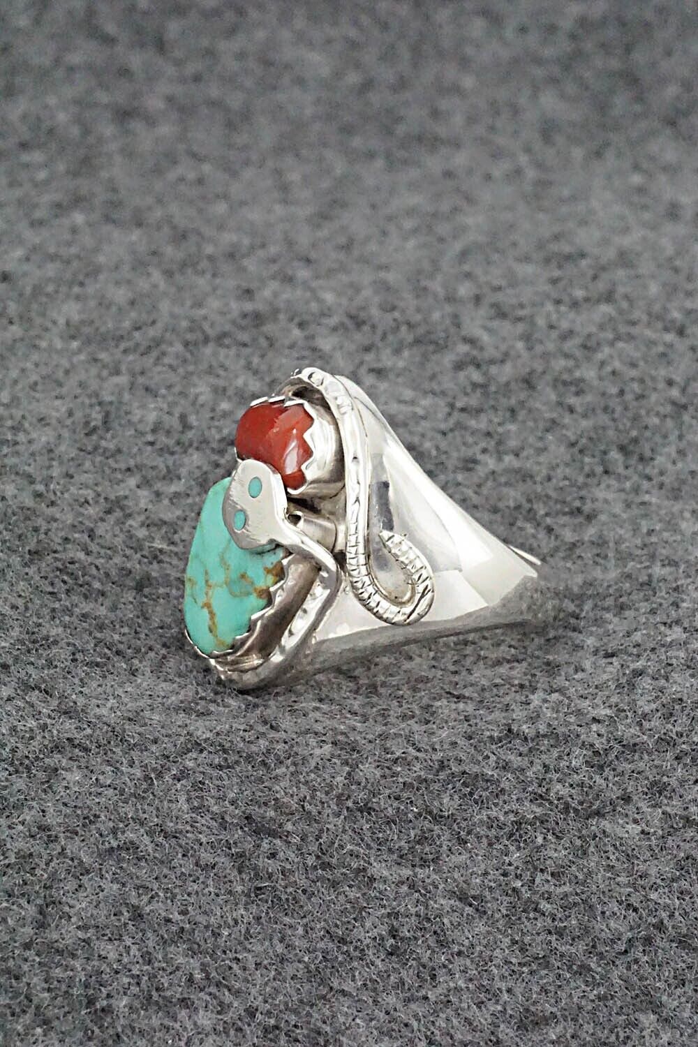 Turquoise, Coral & Sterling Silver Ring - Joy Calavaza - Size 10.5