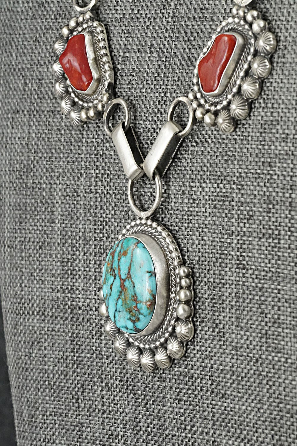 Turquoise, Coral & Sterling Silver Necklace and Earrings Set - Tom Lewis