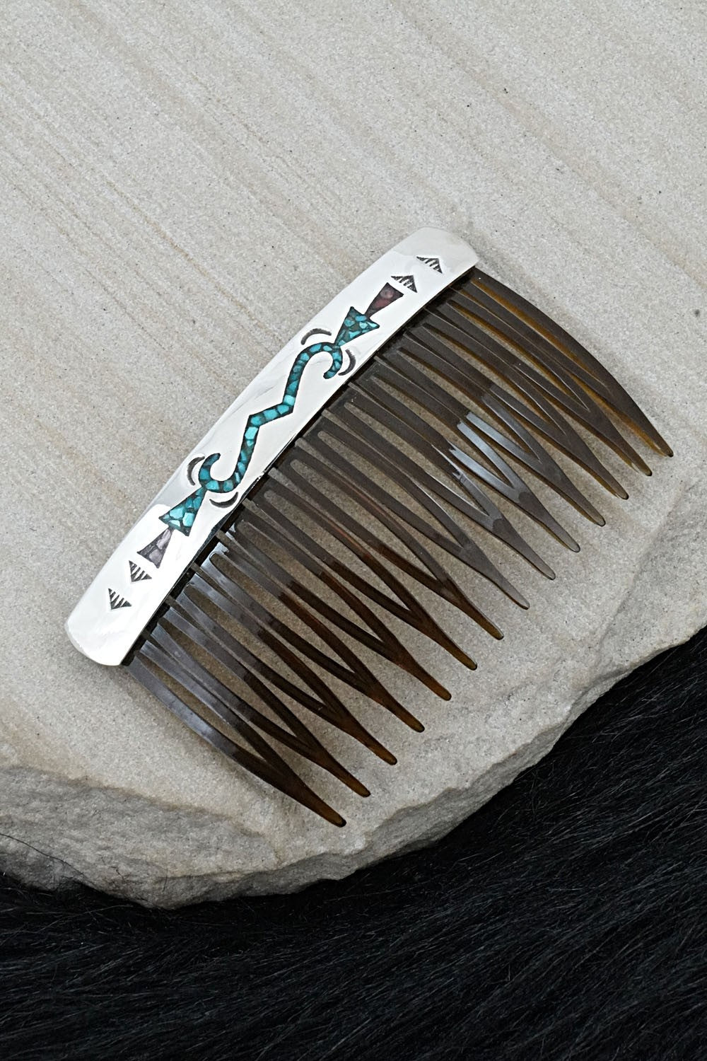 Turquoise, Coral Chip Inlay & Sterling Silver Hair Combs - Joleen Yazzie