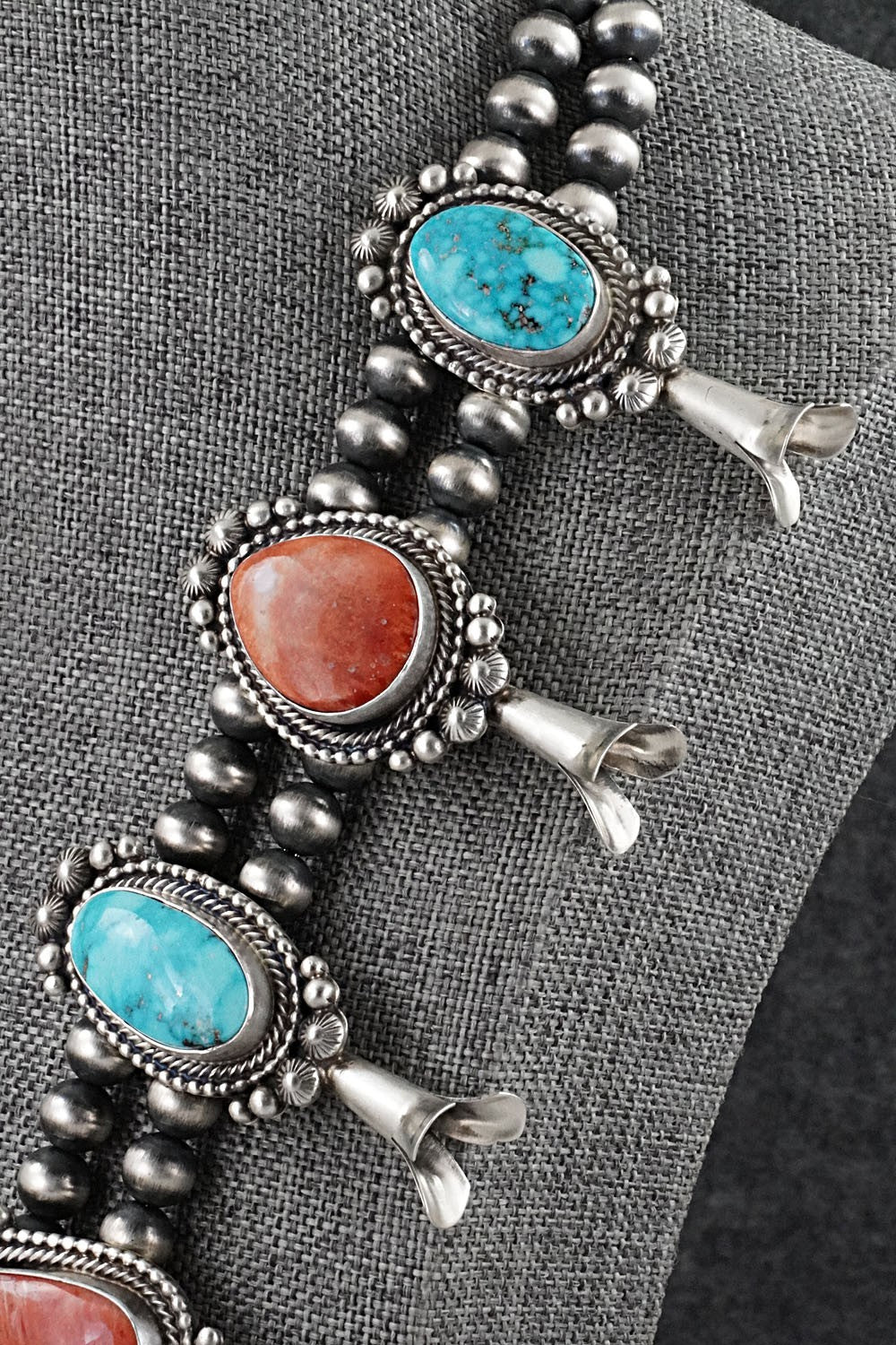 Turquoise, Spiny Oyster & Sterling Silver Squash Blossom Necklace - Tom Lewis