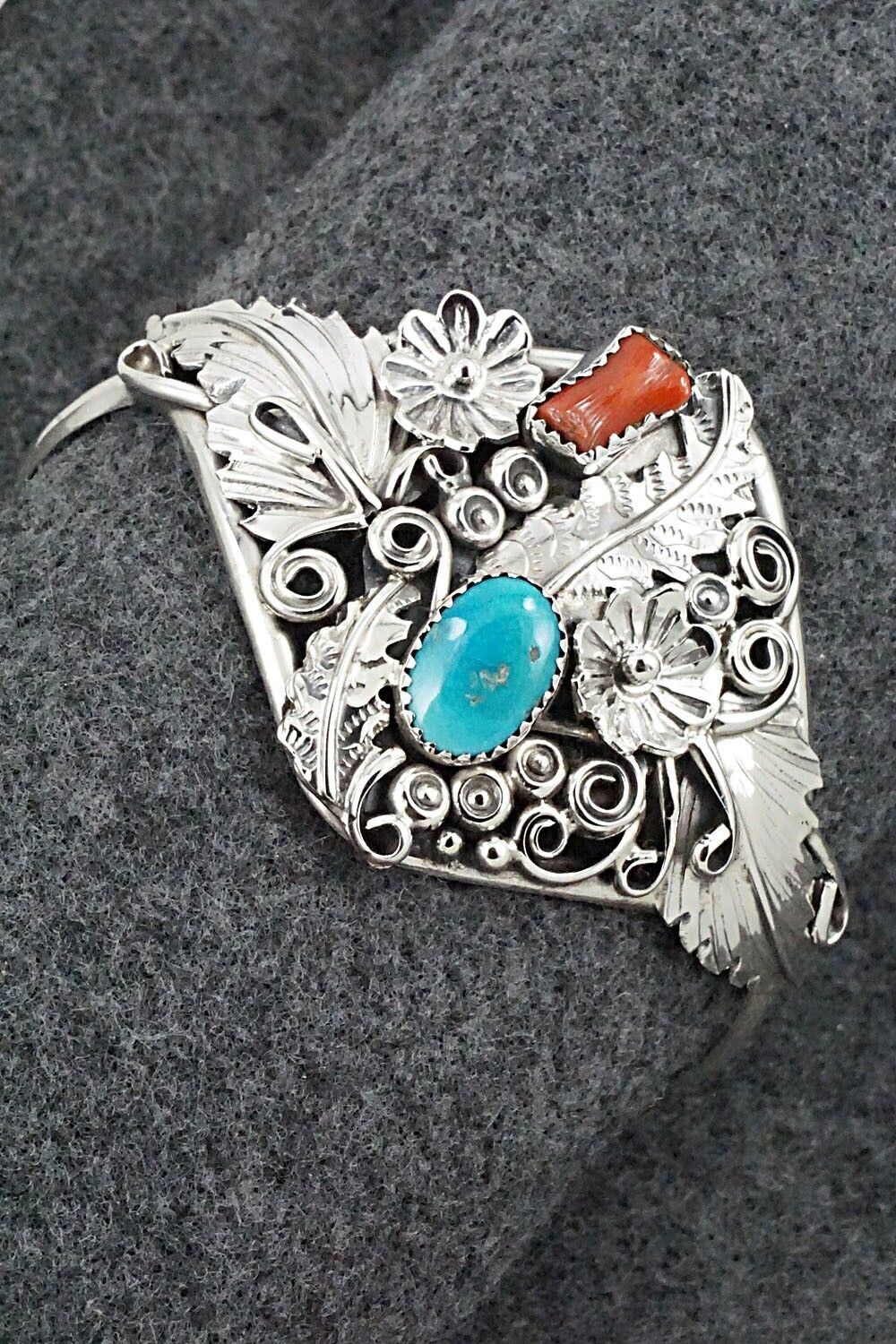 Turquoise, Coral & Sterling Silver Bracelet - Harry B. Yazzie