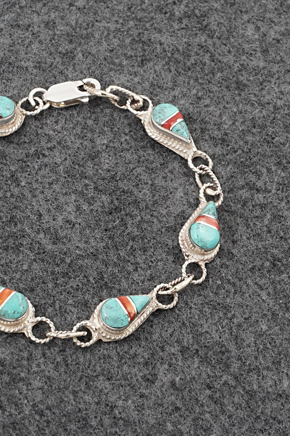 Turquoise, Coral & Sterling Silver Link Bracelet - Terrance Panteah