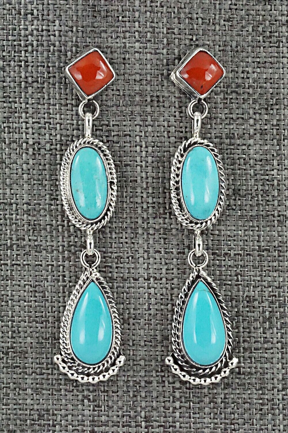 Turquoise, Coral & Sterling Silver Earrings - Verley Betone