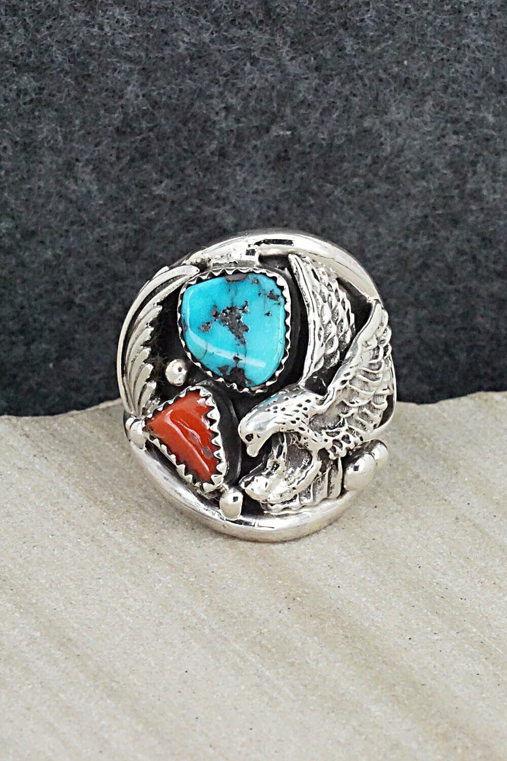 Turquoise, Coral & Sterling Silver Ring - Jeannette Saunders - Size 9.5