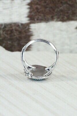 Navajo Turquoise, Coral & Sterling Silver Ring - Jeanette Saunders - Size 10.75