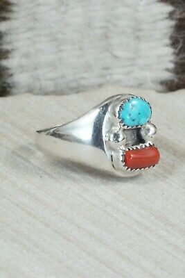 Turquoise, Coral & Sterling Silver Ring - Wilbur Myers - Size 11
