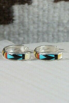 Zuni Multi Stone Inlay & Sterling Silver Hoop Earrings - Delberta Boone - High Lonesome Trading