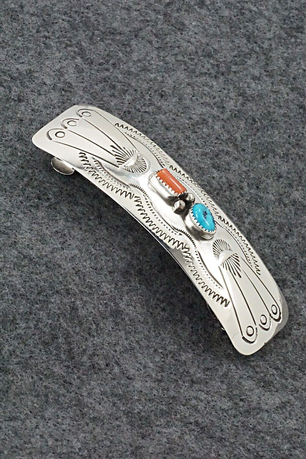 Turquoise, Coral & Sterling Silver Hair Barrette - Joann Silver