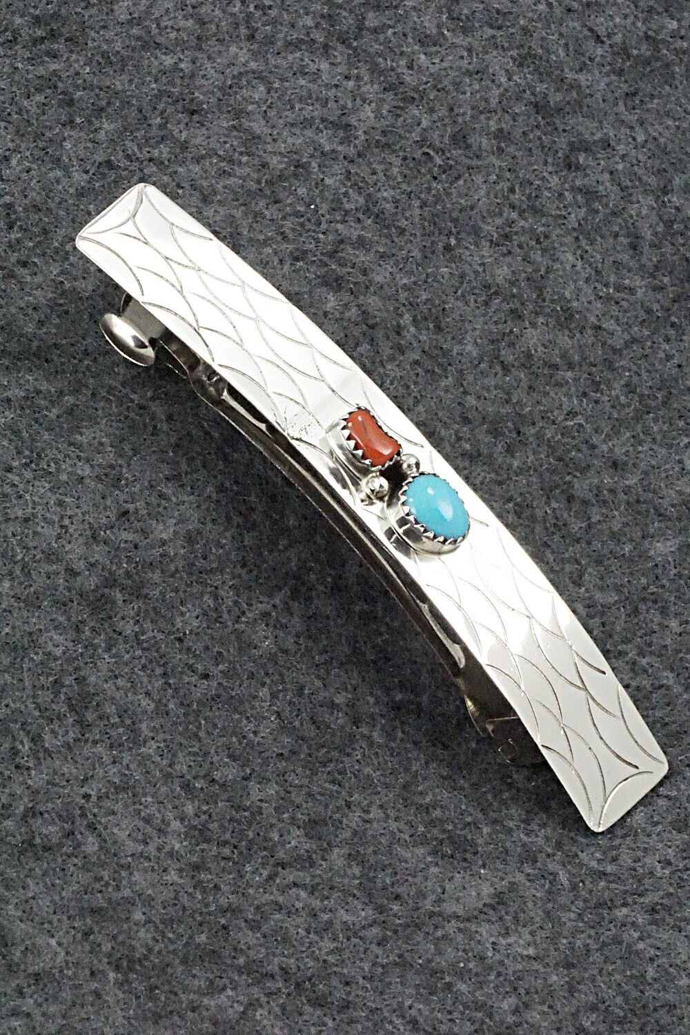 Turquoise, Coral & Sterling Silver Hair Barrette - Sally Arviso