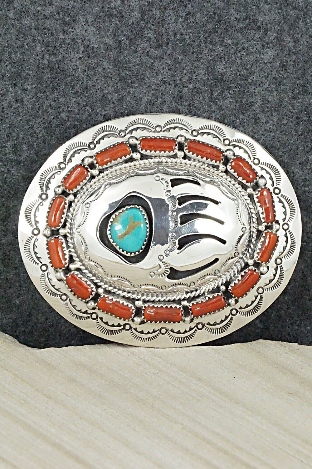 Turquoise, Coral & Sterling Silver Belt Buckle - Wilbert Muskett Sr.