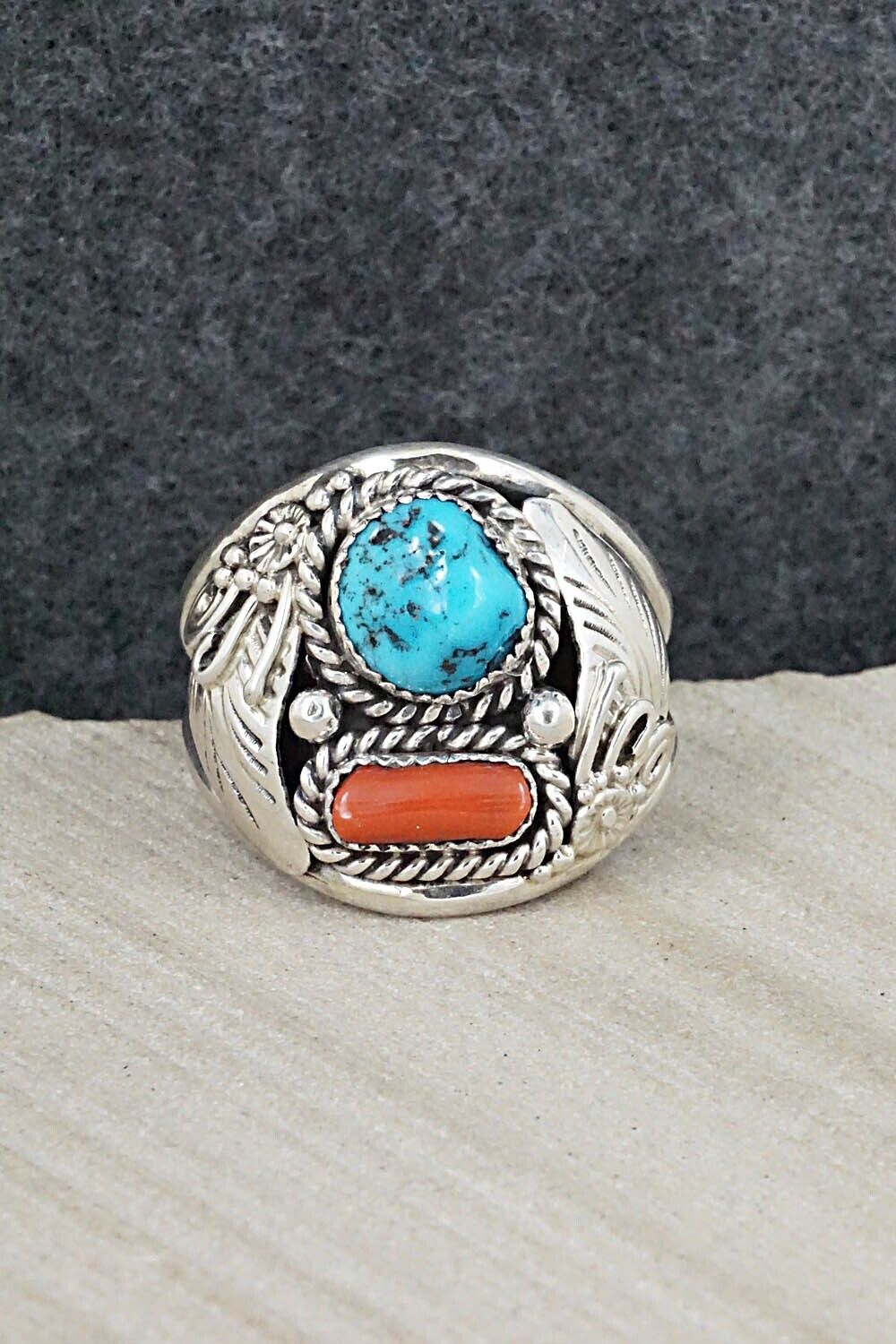 Turquoise, Coral & Sterling Silver Ring - Leonard Spencer - 14.5