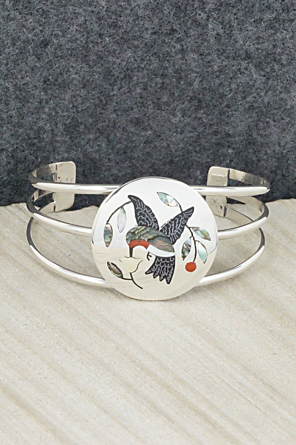 Coral, Onyx, Abalone Shell & Sterling Silver Bracelet - Derrick Edaakie
