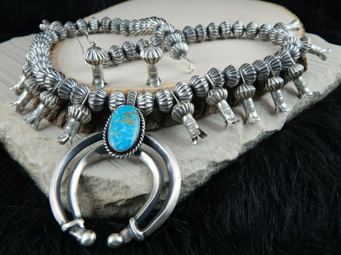 Turquoise & Sterling Silver - Navajo Squash Blossom & Earrings - Chris Hale - High Lonesome Trading