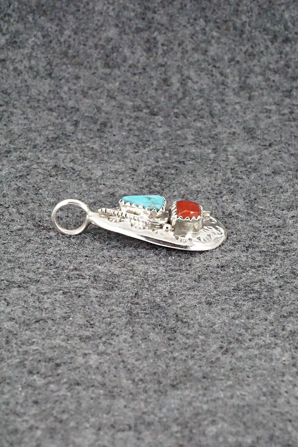 Turquoise, Coral and Sterling Silver Pendant - Joy Calavaza