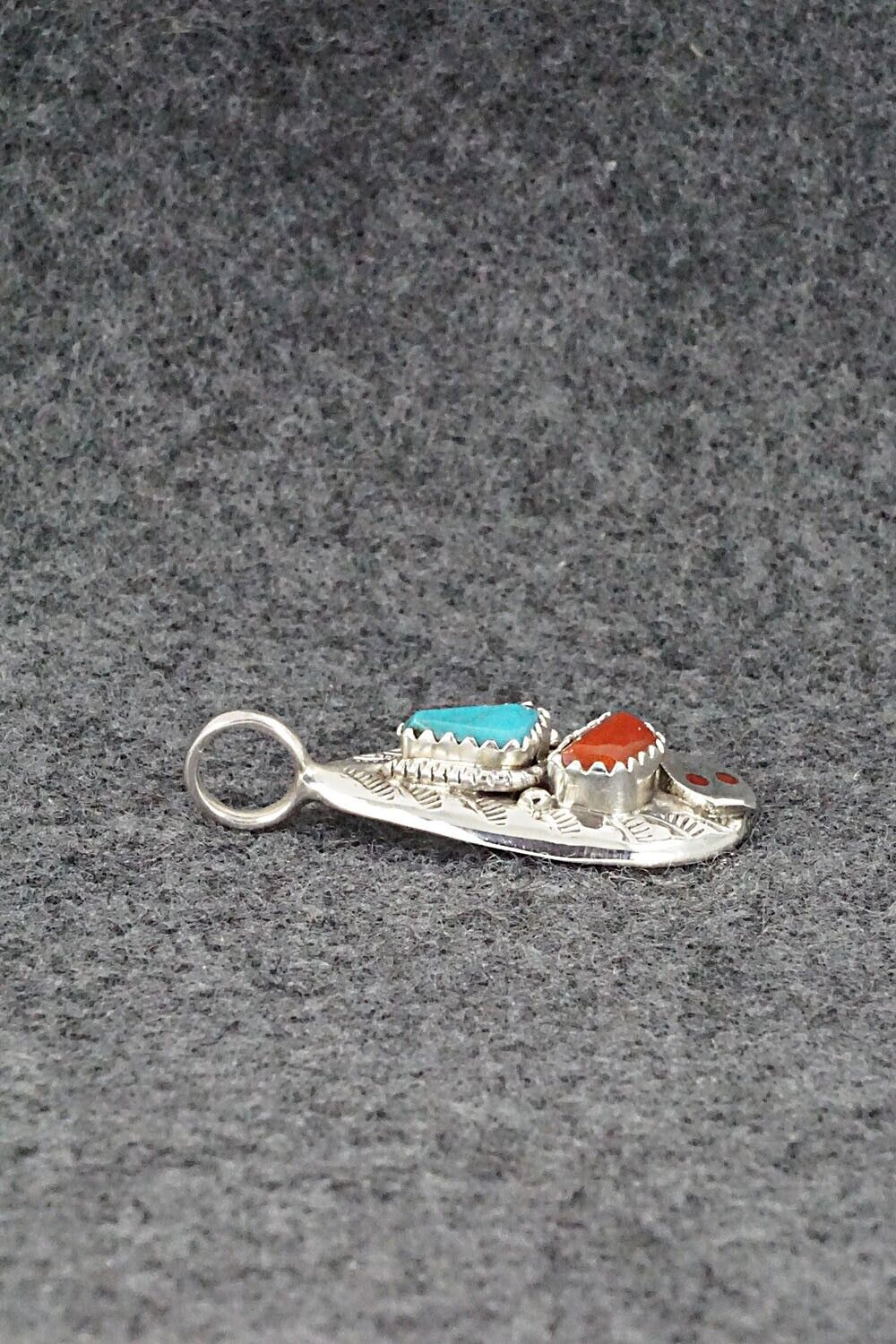 Turquoise, Coral and Sterling Silver Pendant - Joy Calavaza