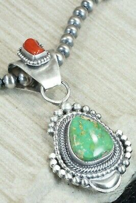 Turquoise, Coral Pendant & Sterling Silver Necklace - Tom Lewis